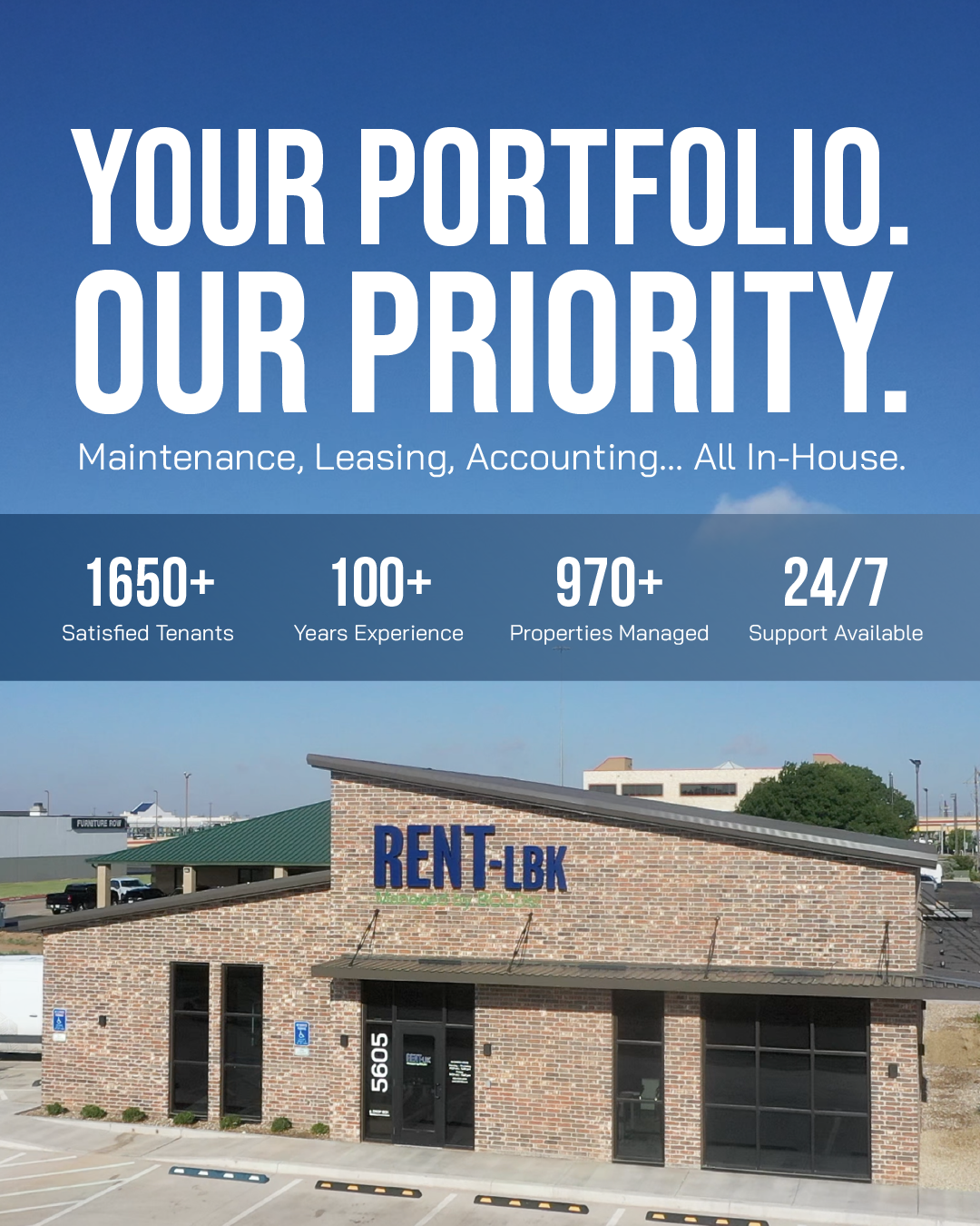 Your Portfolio. Our Priority. Maintenance, Leasing, Accounting — All In-House. 1650+ Satisfied Tenants, 100+ Years Experience, 970+ Properties Managed, 24/7 Support Available.